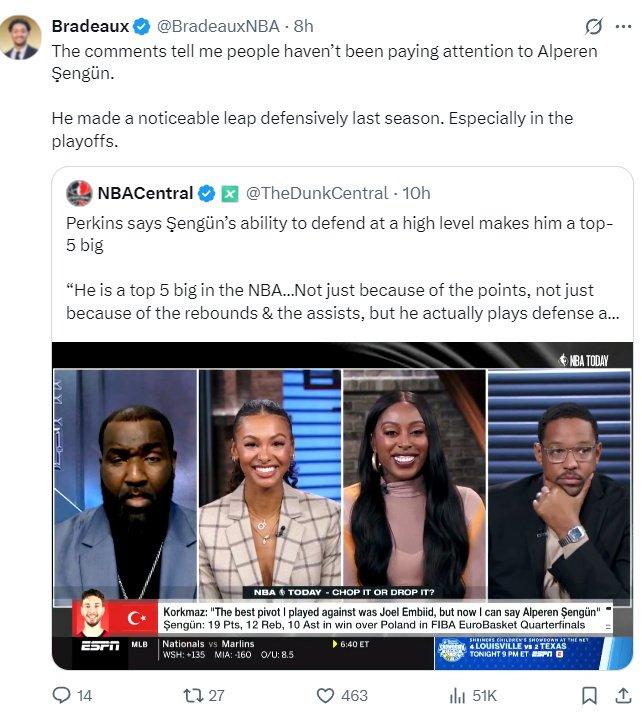 帕金斯称申京存前五中锋潜质!字母直言天空才是极限 火记晒数据力挺